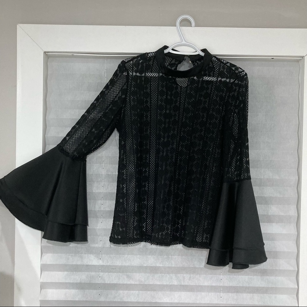 Elegant Sheer Lace Blouse with Flared Silk Sleeve Trim